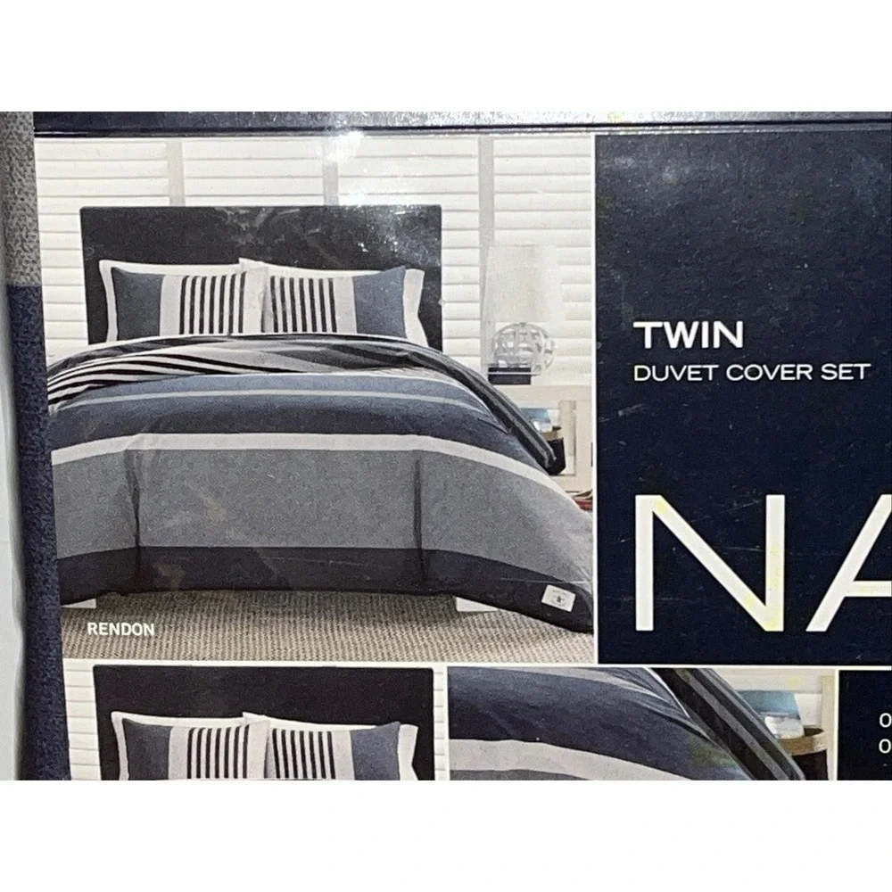 NAUTICA Home Twin Duvet‎ Cover Set RENDON Blue Stripe Pattern 100% Cotton NWT